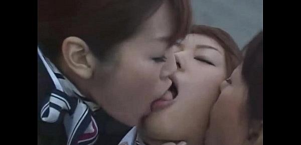  3 Japanese Lesbian Airline Stewardess Girls Kissing!